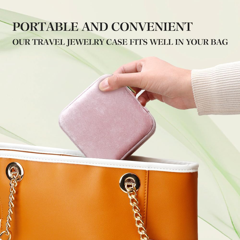 TAIMY Plush Velvet Travel Jewelry Box, Small Travel Jewelry Case, Portable Mini Jewelry Travel Organizer Boxes for Rings Earrings Necklaces Bracelets(Pink Lavender,No Mirror)