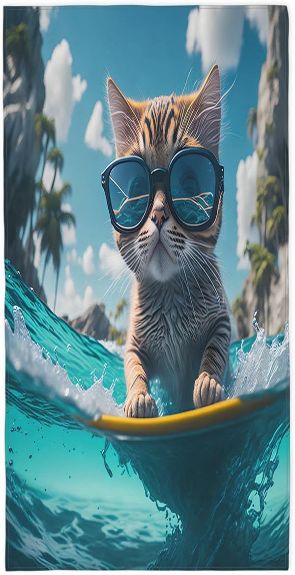 Cat Sunglasses Swim Beach Towel, Large Microfiber Quick Dry Lightweight Pool Bath Towels Sand Free Beach Blanket for Summer Cruise Yoga Camping Travel Vacation Essentials 31 x 61 in