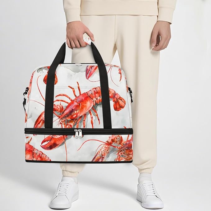 Red Animal Lobster Large Weekender Bag with Shoe Compartment Travel Duffel Bags for Women Carry On Hospital Overnight Bag Foldable Personal Item Travel Bags Tote Gym Sports Airplanes