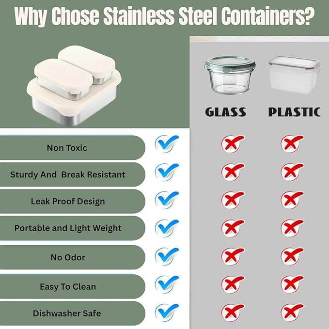 Leak Proof Stainless Steel Lunch Box Containers, Stainless Steel Bento Box, Metal Lunch Box, Sandwich and Snack Containers, SIlicone Lids, Korean Style,Small Vanilla (1 x 27oz + 2 x 6.5 OZ)