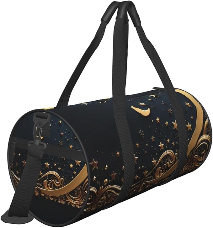Golden background and crescent moon Sports Gym Bag for Women Men Travel Duffel Bag Tote Weekender Bag Canvas Carry on Overnight Bag for Travel Swimming Fitness Workout Sports Duffle Bag