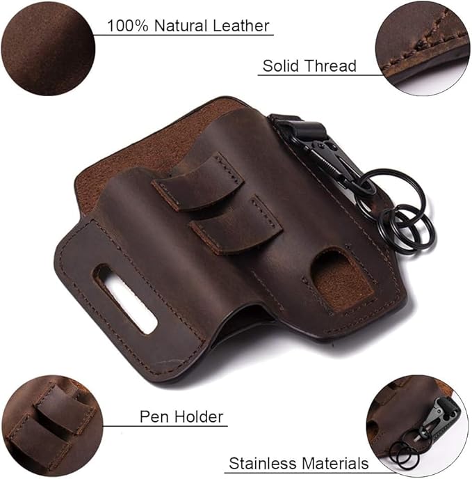 Leather EDC Multitool Sheath for Belt,Leather Belt Pouch for Work and Daily Use,Gifts for Men,Secure and Convenient Tool Organizer for Flashlight and Multitool Kits with Key Holder
