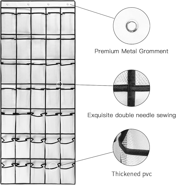 1 Pack 35 Breathable Mesh Pockets Large Hanging Shoe Organizer Over The Door Shoe Rack for Closet Door Storage Shoe Holder Hanger, 4Hooks, White (67.7'' x 26.4'')