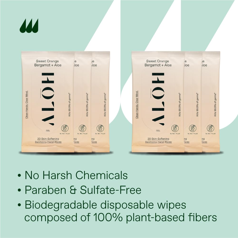 ALŌH Sweet Orange Bergamot + Aloe Sanitizing Hand Wipes - Clean Hands, Clear Mind - On The Go Hand Sanitizer Wipes for Kids and Adults - Travel Size (6 Pack, 20ct Wipes)