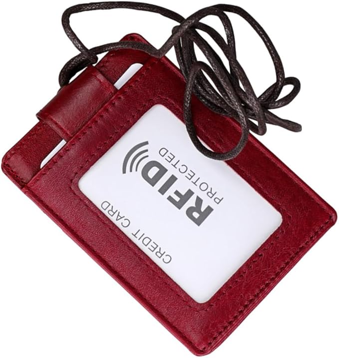Leather RFID Boarding Pass Id Holder for Travel Lightweight Hanging Neck Style Document Organizer for Students Professionals Red