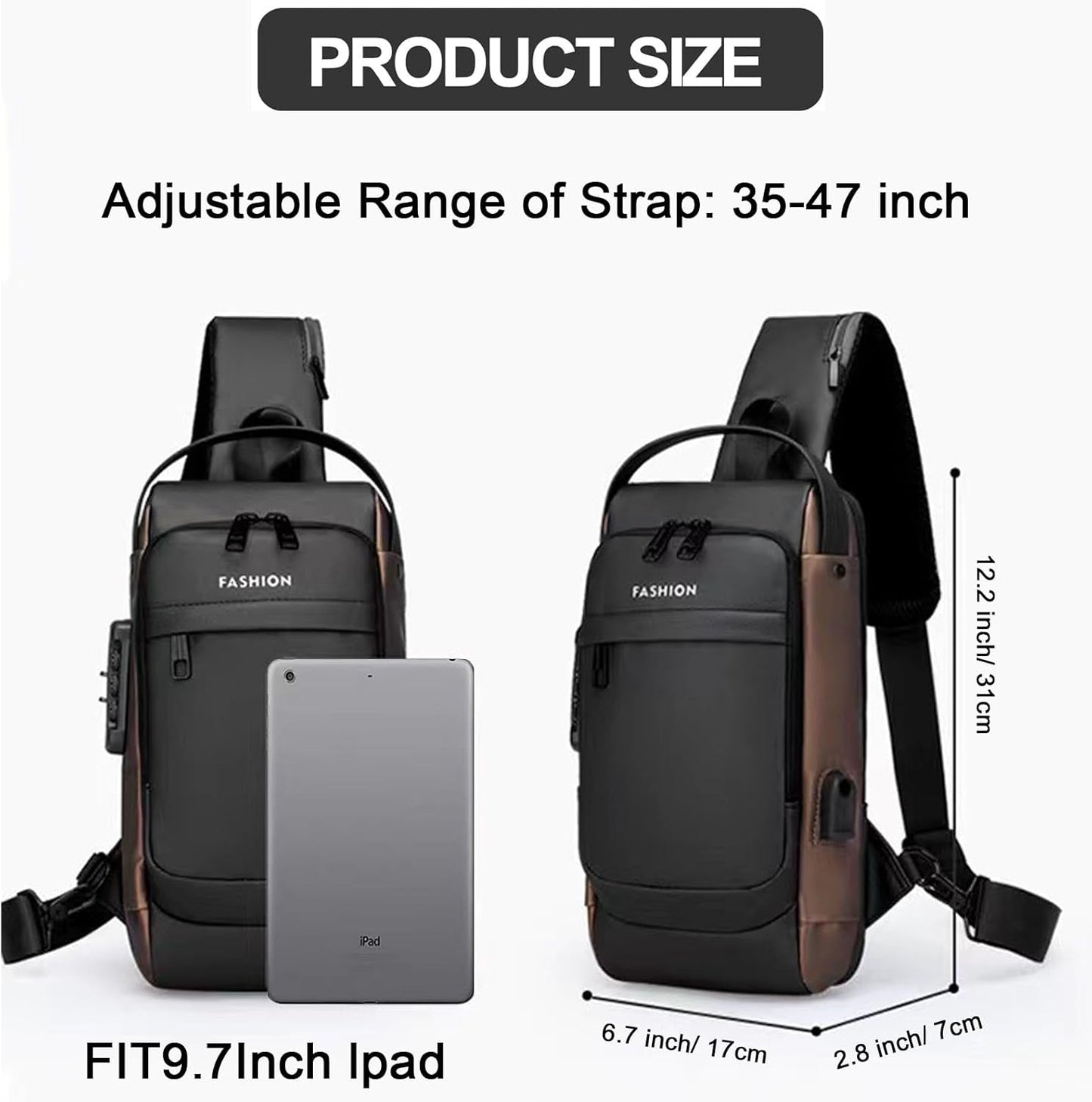 Sling Bag for Men Anti-theft USB Crossbody Shoulder Backpack Purse Waterproof PU Leather Chest Bag Travel Daily Use