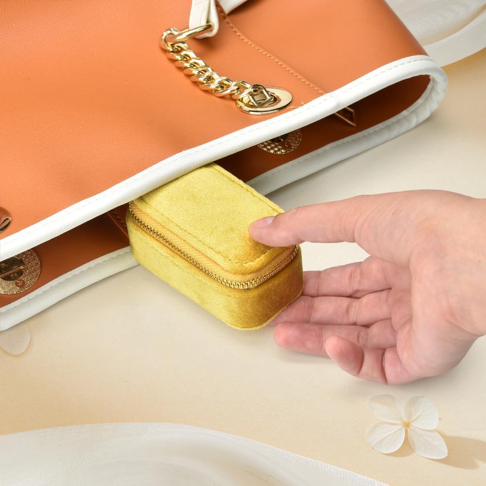 Small Travel Jewelry Case, Mini Tiny Plush Velvet Jewelry Box for Women and Girls, Pocket Size Jewelry holder organizer for Rings Earrings and Small Items(Yellow)