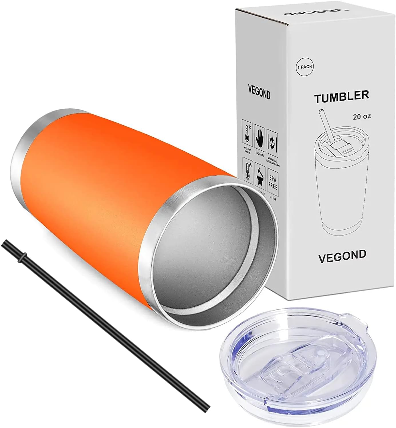 VEGOND 20oz Tumbler with Lid and Straw Stainless Steel Tumbler Cup Vacuum Insulated Double Wall Travel Coffee Mug Powder Coated Coffee Cup(Orange 1 Pack)