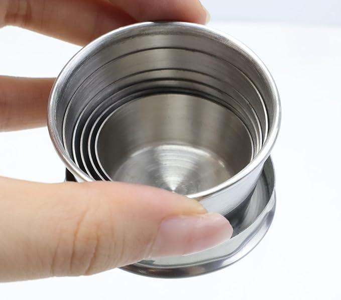 MY MIRONEY 2PCS Stainless Steel Collapsible Cup Telescopic Shot Glasses Portable Outdoor Folding Cup with Metal Keychain and Lid for Travel, Camping, Picnic (2.5 Oz)