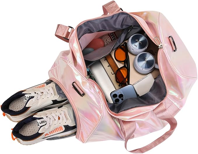 Personalized Holographic Gym Bag for Girls & Women, Custom Name Duffle Bag with Shoe Compartment & Wet Pocket, Weekender for Dance Cheer Travel (Pink)