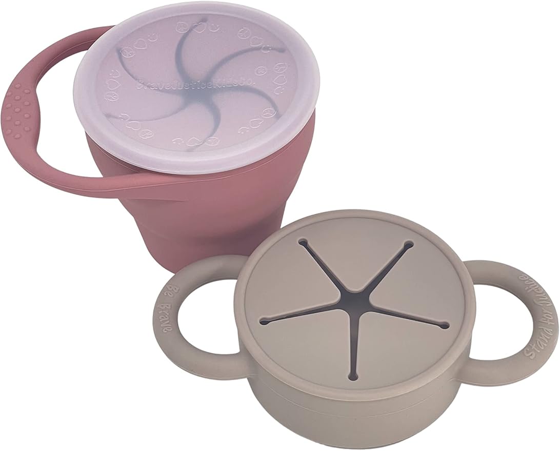 | Snack Attack I&II Baby Snack Cup | 2 pack | Silicone Collapsible Toddler Snack Cup (Dusty Rose and Fog)