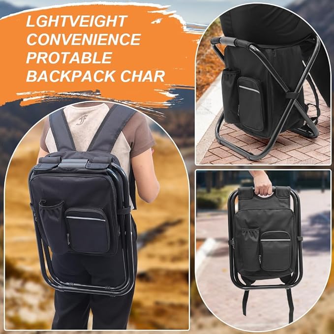 Portable Folding Camping Stool, Backpack with Cooler Bag, Hiking Seat, Outdoor Fishing Hunting Gifts, Black