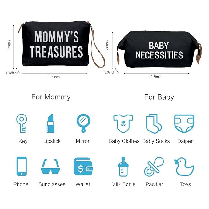 printe Mommy Diaper Bag Tote with 2 Organizers, Large Mom‘s Bag for Hospital & Travel Baby Diaper for Baby Care (Quilted Embroidery-Black)