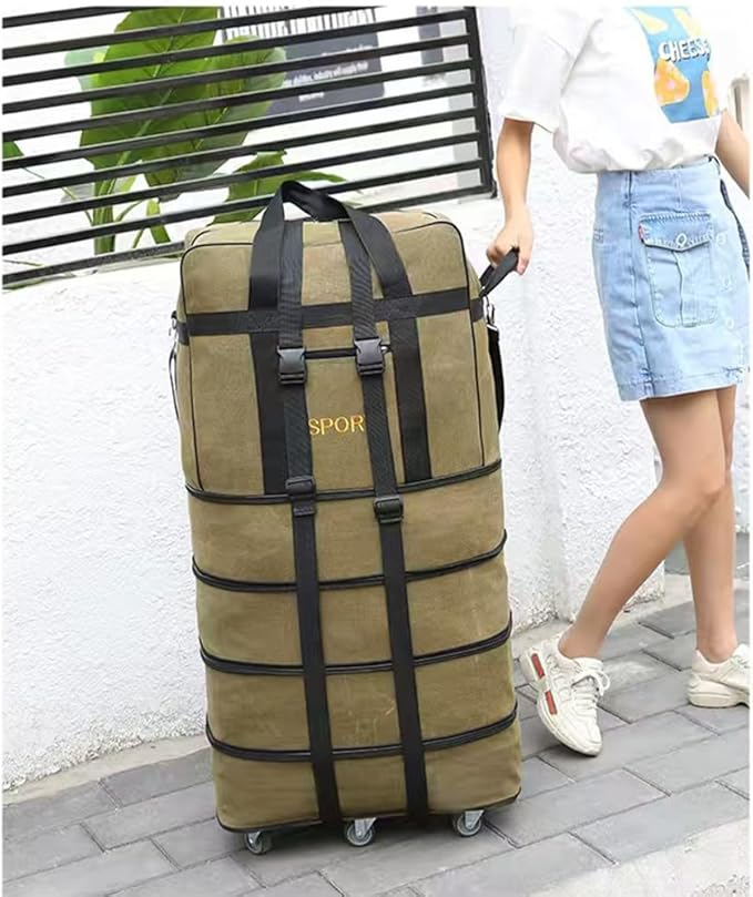 Expandable Extra Large Travel Canvas Duffel Bag with Wheels Lightweight Traveling Foldable Suitcase (Yellow Canvas, XL - 6 wheels)