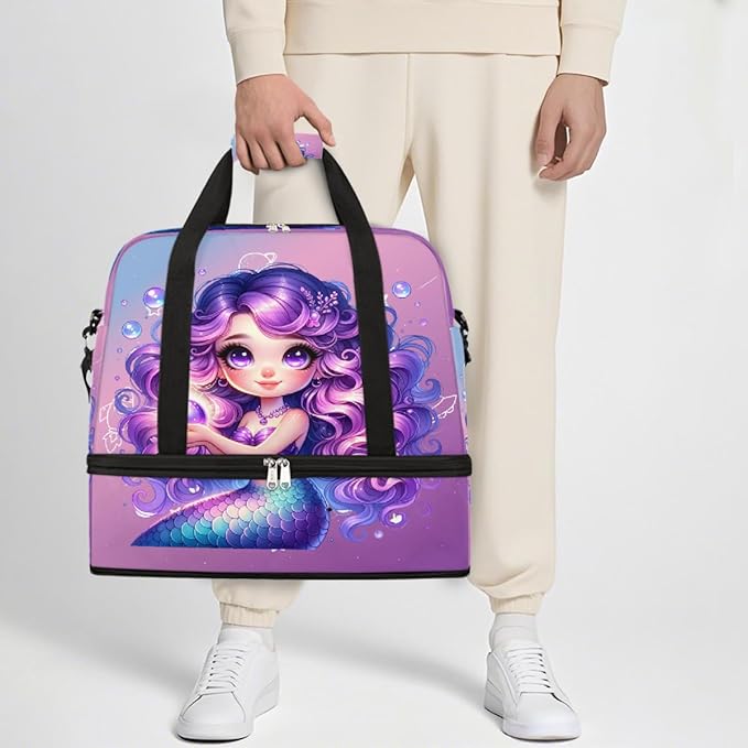 Purple Mermaid Girls Large Weekender Bag with Shoe Compartment Travel Duffel Bags for Women Carry On Hospital Overnight Bag Foldable Personal Item Travel Bags Tote Gym Sports Airplanes
