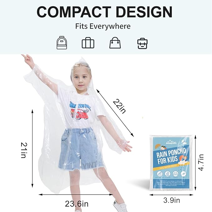 Disposable Rain Ponchos for Kids,Rain Ponchos Family Pack,Clear Kids Ponchos,Individually Wrapped.