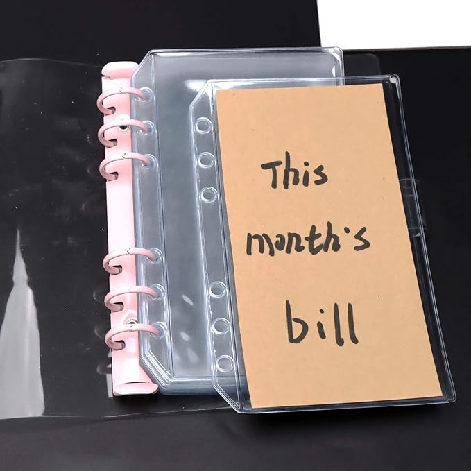AxeWoodz 12pcs A6 Binder Pockets Clear PVC Double Side 2 Pockets Binder Pouches 6 Hole Zipperless Side Open Cash Envelopes for Bills Money Organizer