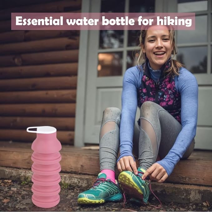 Collapsible Silicone Water Bottle - 20oz Foldable, Leakproof, BPA-Free - for Gym, Travel & Daily Use (Pink)