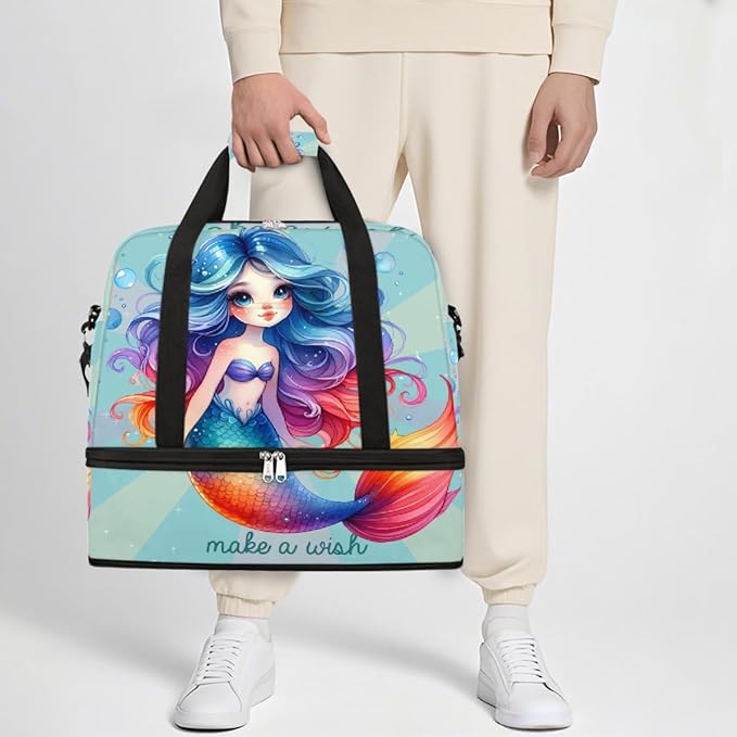 Rainbow Mermaid Girls Large Weekender Bag with Shoe Compartment Travel Duffel Bags for Women Carry On Hospital Overnight Bag Foldable Personal Item Travel Bags Tote Gym Sports Airplanes