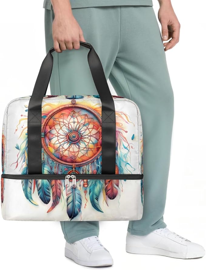 Colorful Dream Catcher Pattern Sports Tote Gym Bag for Women Men, Travel Duffel Bag with Shoe Compartment Large Capacity Workout Overnight Bag for Fitness Yoga Swimming Weekend