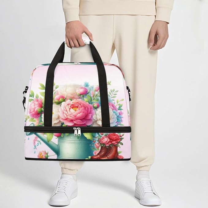 Rainbow Flower Floral Large Weekender Bag with Shoe Compartment Travel Duffel Bags for Women Carry On Hospital Overnight Bag Foldable Personal Item Travel Bags Tote Gym Sports Airplanes