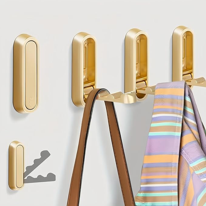 4PCS Folding Coat Hook, Foldable Gold Wall Hooks, Gold Foldable Wall Hooks, Flip Down Hook Made of Zinc Alloy for Bathroom, Kitchen, Bedroom, Wall Mount for Hanging Coats, Towels, Hats, Bags