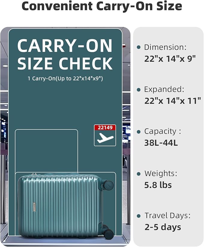 LARVENDER Carry on Luggage 22x14x9 Airline Approved, 20 Inch Hardside Suitcase with Wheels TSA Lock, PC+ABS Lightweight Carry on Suitcases for Women and Men, Lake Green (20/DB/TB)