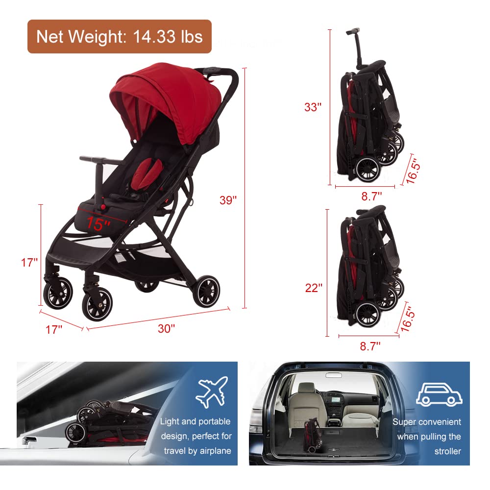 COOL KIDS Portable Stroller with Automatic Fold,Lightweight Umbrella Stroller with Pop Out Sun Canopy,Compact Stroller for Travel(red)