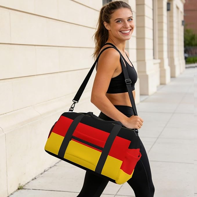 German flag Print Gym Bag with Shoe Compartment for Women Men, 17.7in Sports Duffle Weekender Tote, Overnight Travel Duffel Bag Carry On