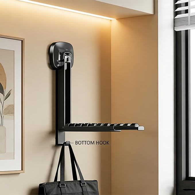 Foldable Clothes Drying Rack, Wall Mounted Drying Rack with Suction Cup, Retractable, Portable Over The Door Hooks Hanger for Laundry Bathroom RV Balcony. (Black)