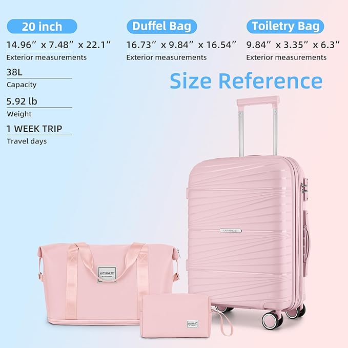 LARVENDER Carry On Luggage 22x14x9 Airline Approved, 20 Inch Hardshell & Lightweight PP Carry On Suitcase for Women with Spinner Wheels TSA Lock, Light Pink