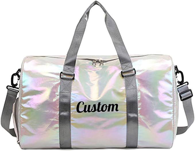 Personalized Holographic Gym Bag for Girls & Women, Custom Name Duffle Bag with Shoe Compartment & Wet Pocket, Weekender for Dance Cheer Travel (White)