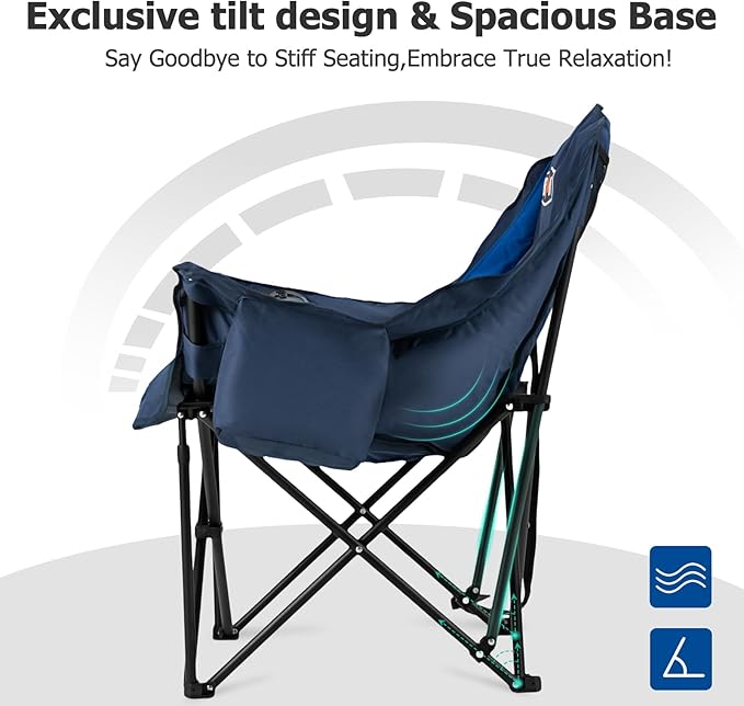 Overmont Oversized XL Camping Chair for Adults - 400lbs Support Heavy-Duty Padded Folding Chair with Side Pocket Cup Holder Cooling Bag for Outdoor Sports Garden Beach Fishing Lawn - Blue