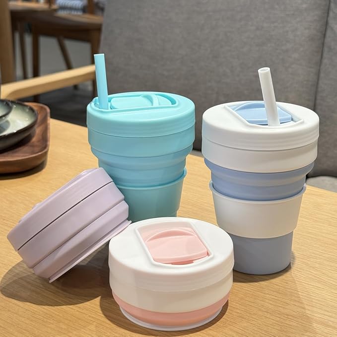 Collapsible Travel Cups- Food Grade Silicone Coffee Cups with Straw Lid 350ml 12oz Lightweight