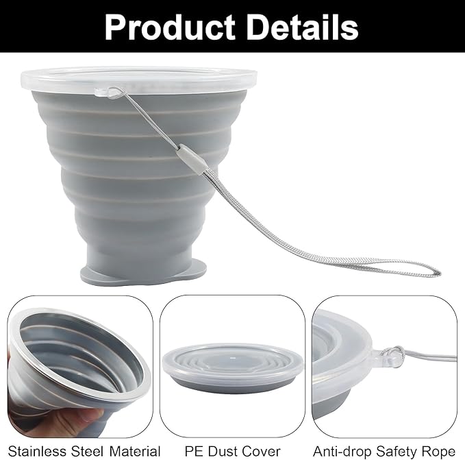 2 Pack Silicone Collapsible Cups for Camping Traveling, Small Portable Foldable Drinking Cup with Lid for Outdoor Hiking (270ml, Blue/Gray)