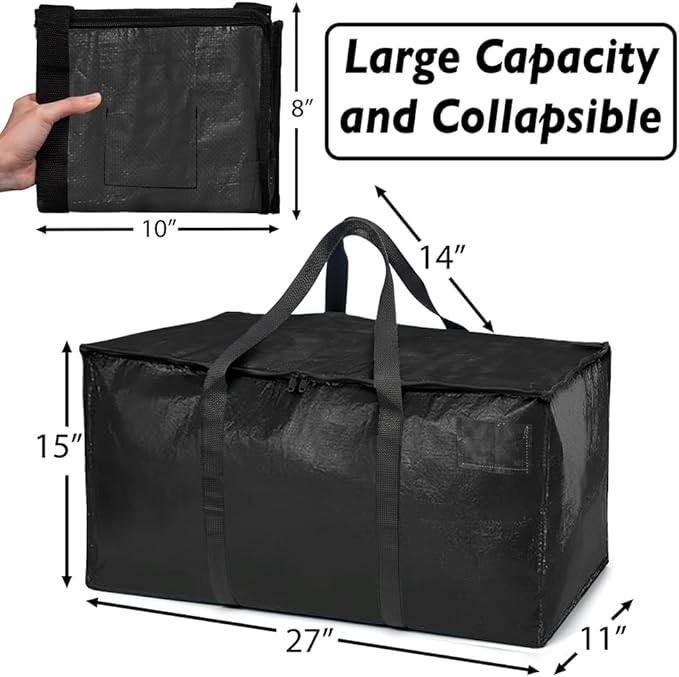 ClearSpace Heavy Duty Moving Bags or Storage Bags – Black Storage Bins with Lids, Large Moving Boxes with Backpack Straps & Zippers,– Packing Box & Moving Supplies for College Dorm, 4 Pack