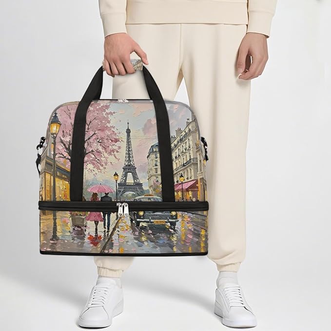 Foldable Travel Duffel Bag for Women - Carry on Personal Item Bag with Shoes Compartment, Weekender Overnight Duffle Bags Sport Tote Gym Luggage for Airplanes Traveling(Eiffel Tower)