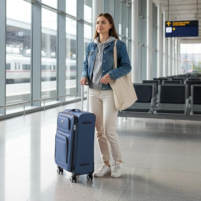 26" Luggage Softside Expandable 15% Checked Luggage with Double Spinner Wheels Combination LOCK,Lightweight Travel Suitcase for Men/Women(Blue,26in)