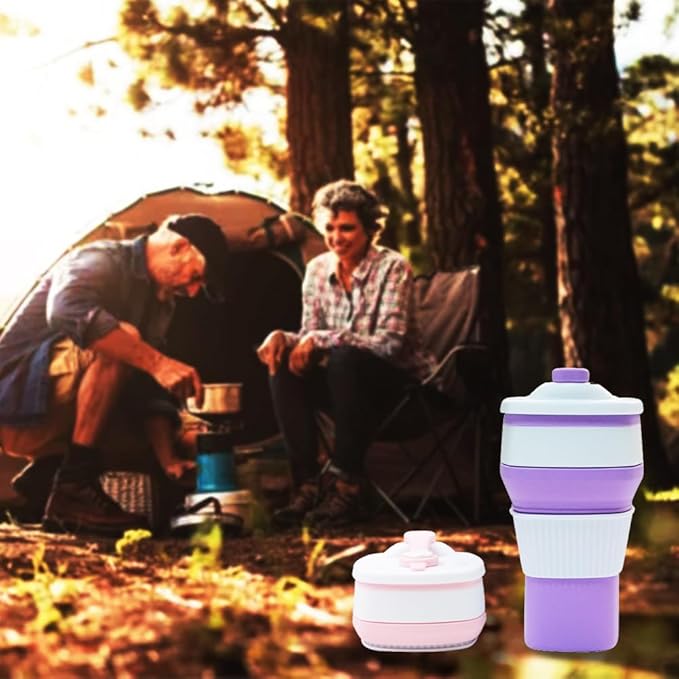 Collapsible Travel Coffee Cups Set of 2 - Silicone Foldable Mugs with Leakproof Lids, BPA Free, Microwave and Dishwasher Safe - 10oz (300ml) for Travel, Office, Camping