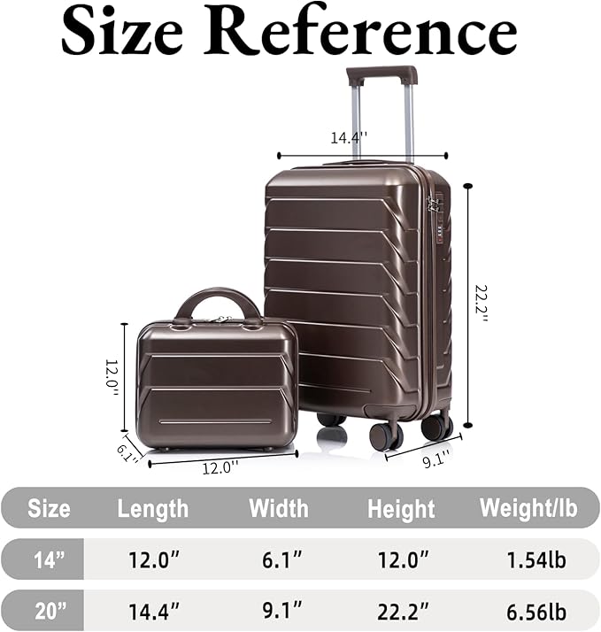 2-Piece ABS Hard Shell Lightweight Carry-On Luggage Set (14" & 20"), 360-Degree Spinner Wheels, Adjustable Telescopic Handle and Combination Lock for Travel, Brown