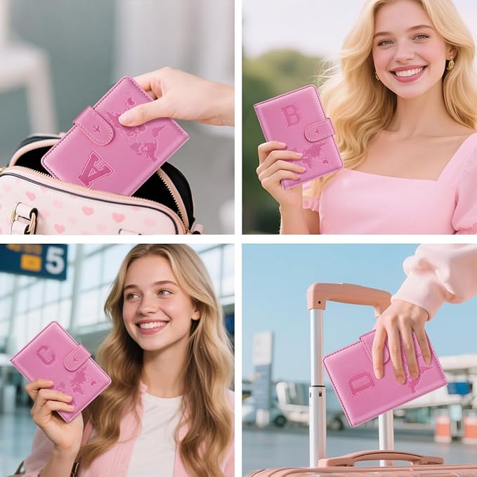 Passport Holder Cover Initail Letter A-Z Travel Wallet Embossed Design RFID Blocking Card Holder Personalized Gift Passport Cover Wallet, Passport Book Holders for Women and Girls, Pink-B