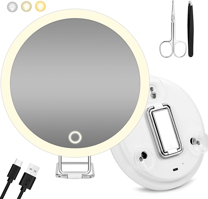 20X Magnifying Mirror w/ Light,Lighted Magnifying Mirror w/ 3 Suction Cups & 360° Stand,Rechargeable 3 Colors Dimming Vanity Mirror,6inch Large Tabletop Makeup Mirror w/ Tweezers & Scissors