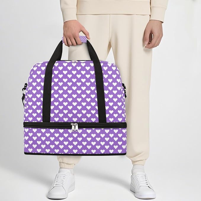 Purple White Love Heart Large Weekender Bag with Shoe Compartment Travel Duffel Bags for Women Carry On Hospital Overnight Bag Foldable Personal Item Travel Bags Tote Gym Sports Airplanes