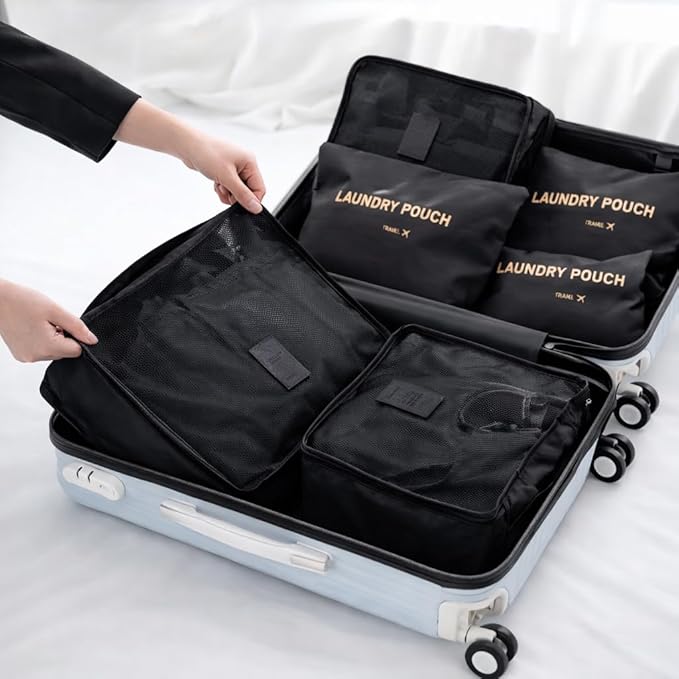 6 Set Travel Packing Cubes for Luggage – Laundry Pouch Organizer Bags, Lightweight Storage Pouches for Clothes, Shoes, and Toiletries (black)