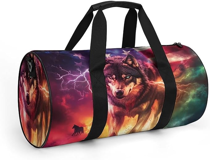 Wolf U.S Flag Gym Bag Travel Duffel Bag Lightweight Carry On Bags Weekender Bags for Women Men