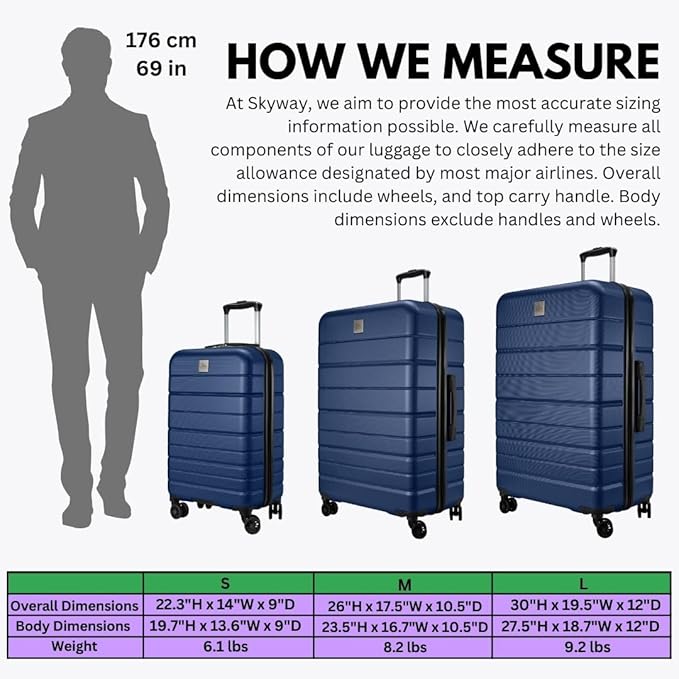 Skyway Epic 2.0 Hardside Lightweight and Durable ABS Shell Luggage, Spacious with 8-Wheel Spinners, Comfort Grip with Telescoping Handle, Men and Women, Royal Blue, 2-Piece Set (20,28)