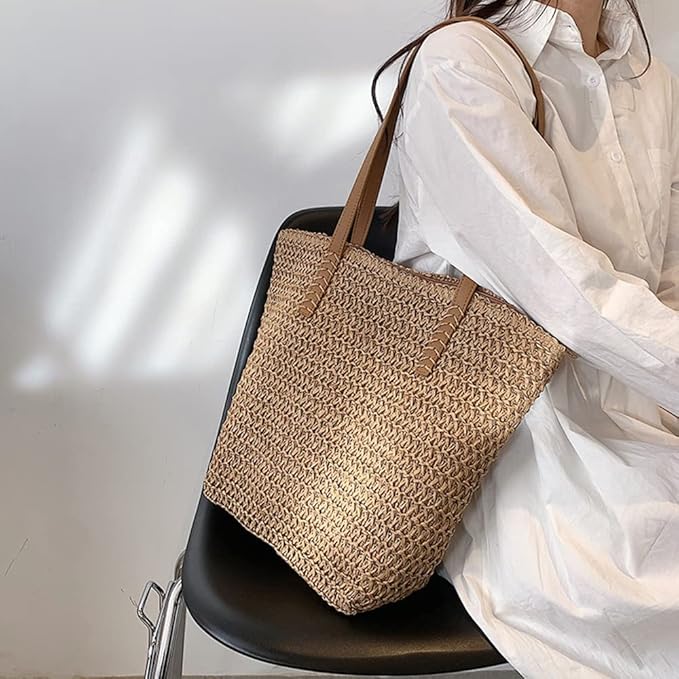 Large Straw Beach Bag for Womens, Straw Handbag Woven Tote Bag With Zipper Summer Shoulder Bag