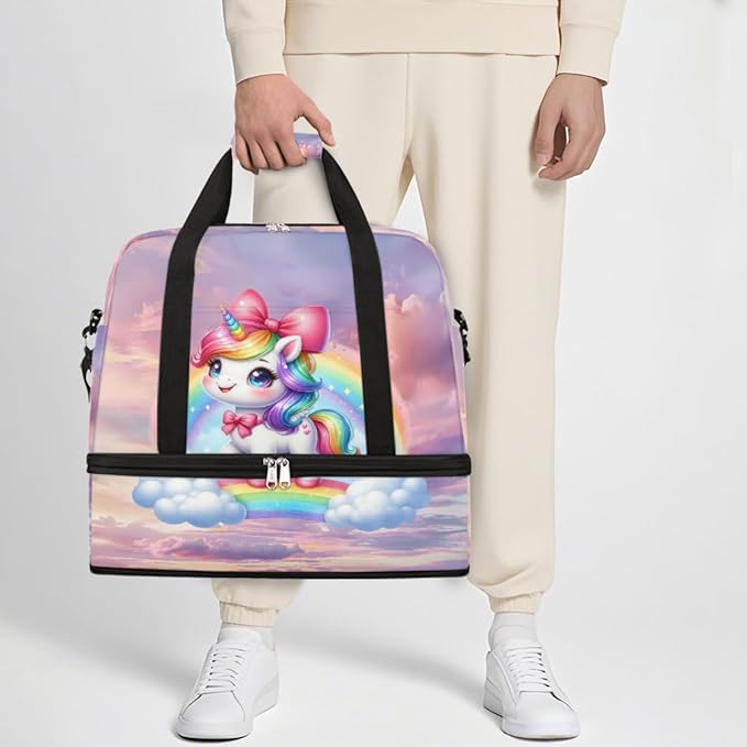 Rainbow Animal Unicorn Large Weekender Bag with Shoe Compartment Travel Duffel Bags for Women Carry On Hospital Overnight Bag Foldable Personal Item Travel Bags Tote Gym Sports Airplanes