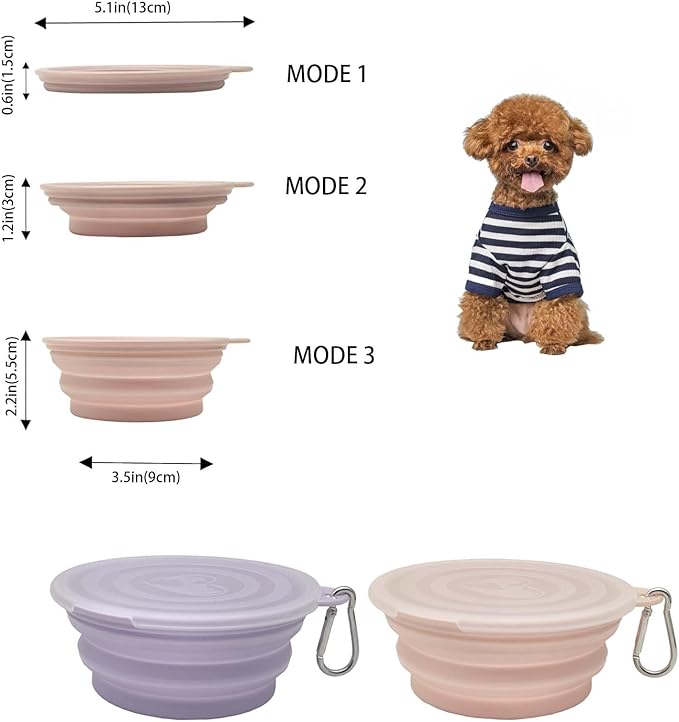 Small Collapsible Dog Bowl 12oz,2 Pack Portable and Foldable Pet Travel Bowls with 2 Carabiners & Lids for Dogs Cats and Small Animals (Macaron Purple+Pink, 350ml)