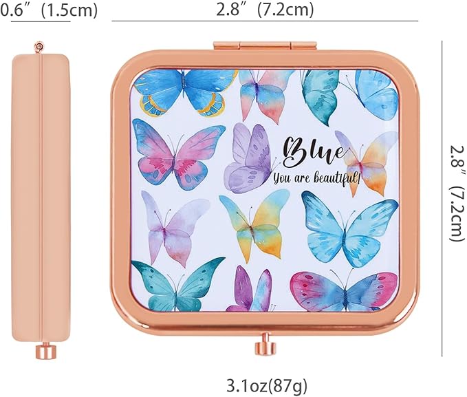 Travel Purse Mirror Compact Double Sides 2X 1x Magnification Hand Mirror Metal Square Mirror for Women and Girls Rose Gold Butterfly